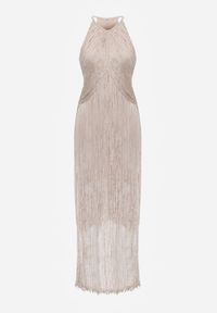 Born2be - Beżowa Koktajlowa Sukienka na Ramiączkach Zdobiona Frędzlami Kelennea. Kolor: beżowy. Długość rękawa: na ramiączkach. Wzór: aplikacja. Typ sukienki: dopasowane. Styl: wizytowy #4