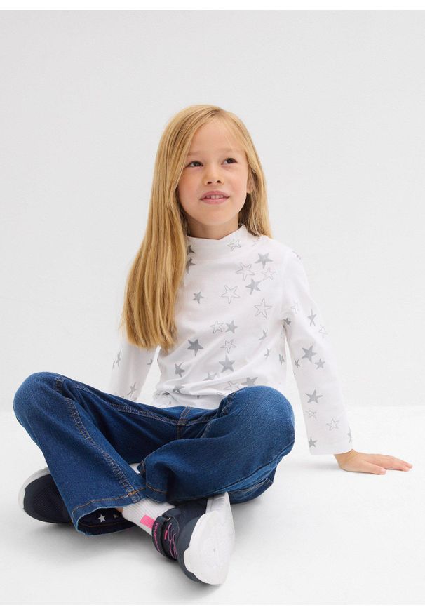 bonprix - Bluzka z długim rękawem, uszyta z elastycznej mieszanki baweny organicznej (2 szt.). Typ kołnierza: kołnierzyk stójkowy. Kolor: niebieski. Długość rękawa: długi rękaw. Długość: długie. Styl: elegancki