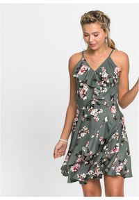 bonprix - Sukienka na ramiączkach, z falbanami. Typ kołnierza: dekolt w serek. Kolor: zielony. Długość rękawa: na ramiączkach. Wzór: nadruk, kwiaty. Sezon: lato #1