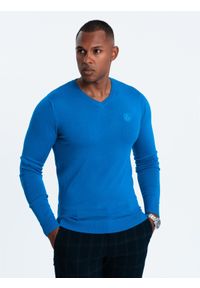 Ombre Clothing - Elegancki sweter męski BASIC V-neck z wiskozą – niebieski V19 OM - Rozmiar: XL. Kolor: niebieski. Materiał: wiskoza. Wzór: haft. Styl: elegancki #3