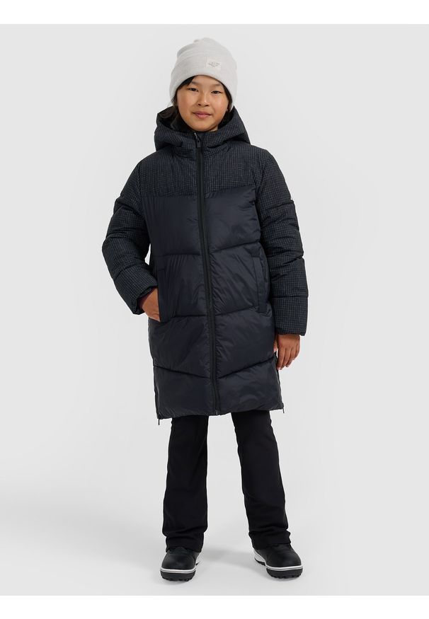 4f - 4F Płaszcz puchowy z wypełnieniem syntetycznym dziewczęcy - czarny 122 (6-7 lat). Okazja: na co dzień. Kolor: czarny. Materiał: syntetyk, puch. Długość: do kolan. Wzór: gładki. Sezon: lato. Styl: casual