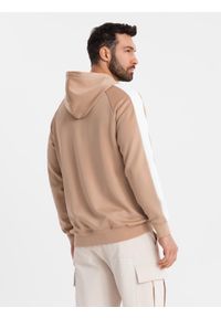 Ombre Clothing - Rozpinana męska bluza z kapturem i lampasami - beżowa V4 - Rozmiar: M. Typ kołnierza: kaptur. Kolor: beżowy. Materiał: guma, tkanina, dzianina, poliester, materiał. Wzór: gładki, aplikacja, nadruk. Styl: retro, sportowy #5
