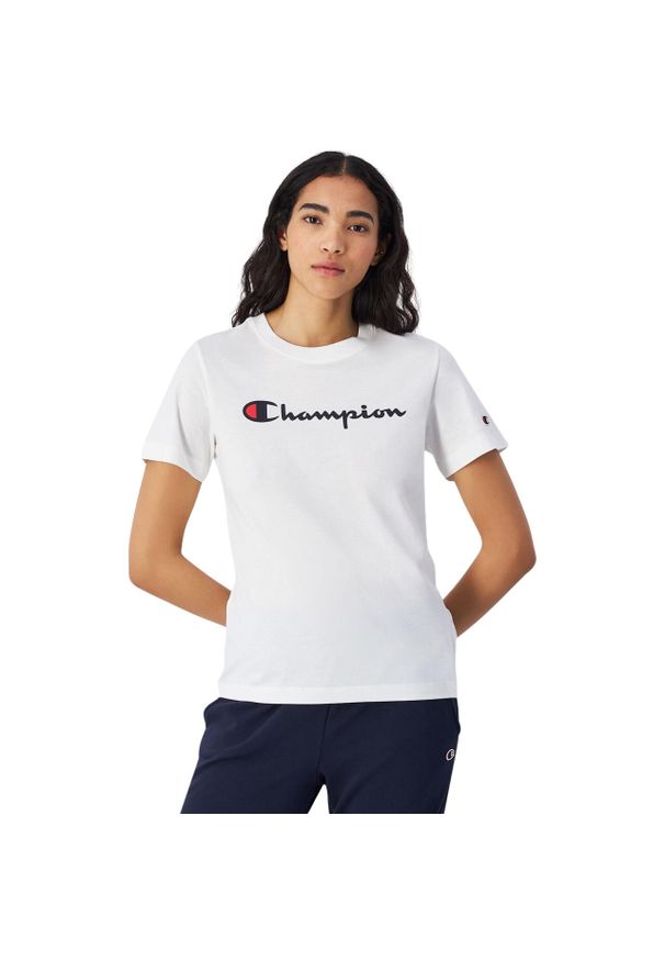 Koszulka damska Champion SS Tee 117534. Kolor: biały. Materiał: bawełna, skóra, tkanina