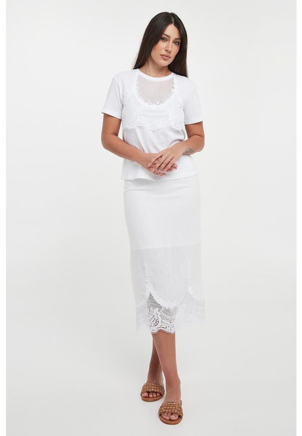 Twinset Milano - T-shirt damski z koronką TWINSET. Materiał: koronka. Wzór: koronka