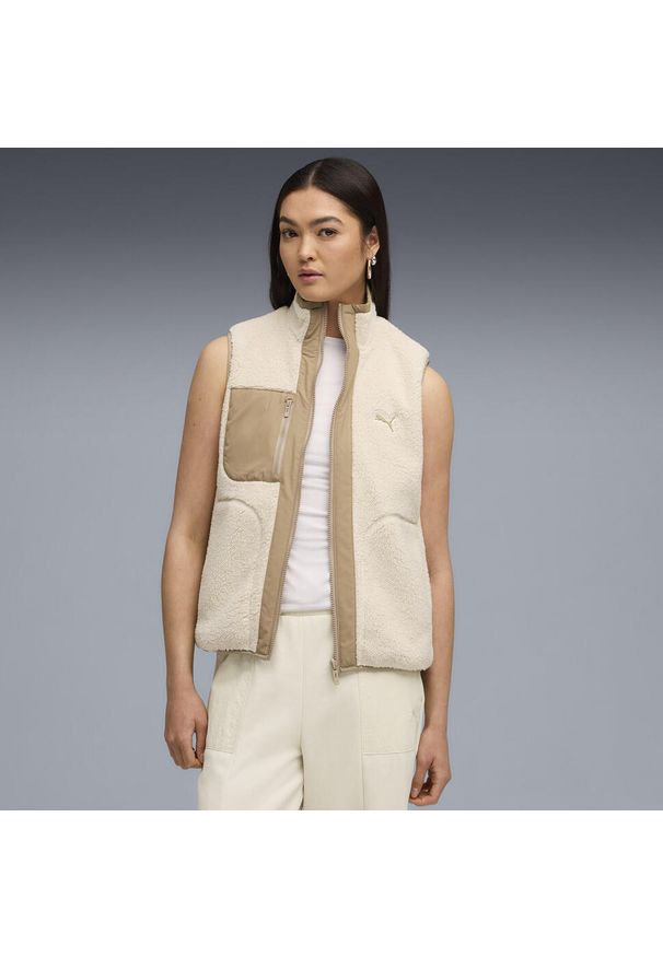 Puma - Damska dwustronna kamizelka hybrydowa z dzianiną typu baranek PUMA. Kolor: wielokolorowy, biały, beżowy. Materiał: dzianina. Wzór: gładki. Sport: bieganie