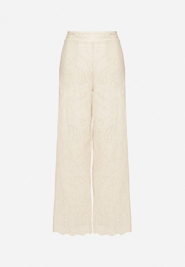 Born2be - Beżowe Szerokie Spodnie z Bawełny z Wysokim Stanem Ozdobione Haftem Mileneia. Okazja: na co dzień. Stan: podwyższony. Kolor: beżowy. Materiał: bawełna. Wzór: aplikacja, haft. Styl: casual, klasyczny