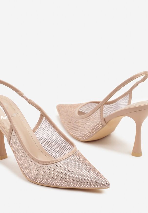 Renee - Beżowe Sandały Szpilki Slingback z Noskiem w Szpic Zdobione Cyrkoniami Zenvia. Okazja: na imprezę, do pracy, na spotkanie biznesowe. Kolor: beżowy. Wzór: aplikacja. Obcas: na szpilce. Styl: wizytowy, biznesowy