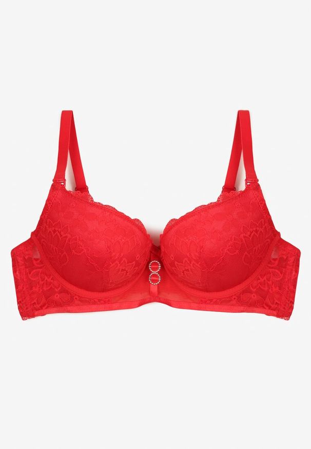 Renee - Czerwony Biustonosz Push Up Ozdobiony Koronką Temirenna. Kolor: czerwony. Materiał: koronka. Rodzaj stanika: push-up. Wzór: koronka, aplikacja