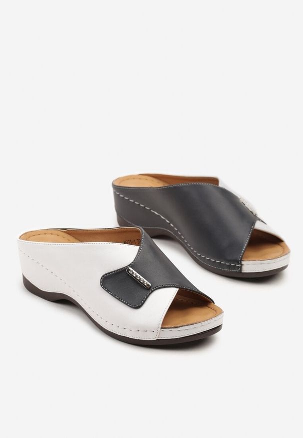 Born2be - Granatowe Klapki na Koturnie z Metaliczną Aplikacją Reivian. Kolor: niebieski. Wzór: aplikacja. Sezon: lato. Obcas: na koturnie. Styl: elegancki. Wysokość obcasa: średni