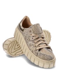 DAMISS - Złote Sneakersy Damskie Damiss Modne Obuwie. Kolor: złoty. Materiał: zamsz, skóra. Szerokość cholewki: normalna. Wzór: jednolity, motyw zwierzęcy, nadruk #4