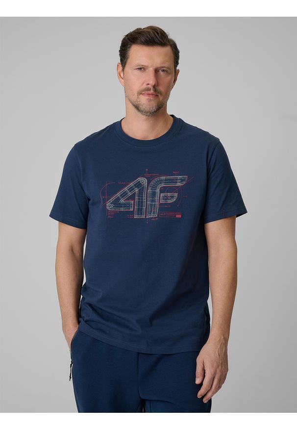 4f - 4F T-shirt regular z nadrukiem męski - granatowy L. Okazja: na co dzień. Kolor: niebieski. Materiał: dzianina, bawełna, materiał. Wzór: nadruk. Styl: casual