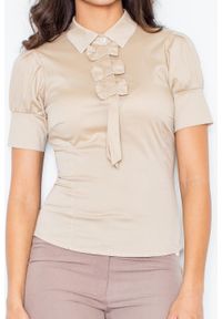 Figl - Beżowa Elegancka Bluzka z Kokardkami. Typ kołnierza: kokarda. Kolor: beżowy. Materiał: nylon, elastan, bawełna. Styl: elegancki #1
