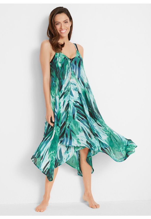 bonprix - Długa sukienka plażowa z szyfonu. Okazja: na plażę. Typ kołnierza: dekolt w serek. Kolor: zielony. Wzór: nadruk, aplikacja. Typ sukienki: asymetryczne. Materiał: szyfon. Długość rękawa: na ramiączkach. Styl: elegancki. Długość: maxi