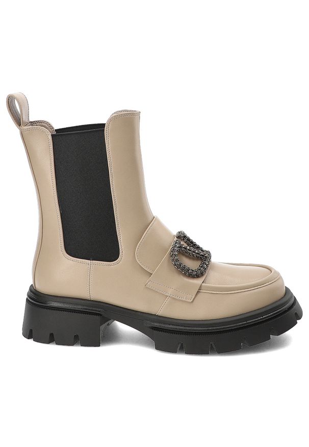 Beżowe Botki S.Barski Stylowe Wsuwane Obuwie Damskie. Okazja: na co dzień, na spacer. Zapięcie: bez zapięcia. Kolor: beżowy. Materiał: materiał. Wzór: aplikacja. Styl: elegancki