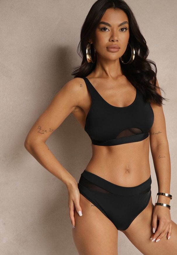 Renee - Czarne Bikini Biustonosz i Majtki Typu Figi Zdobione Siateczką Natelina. Kolor: czarny. Wzór: aplikacja
