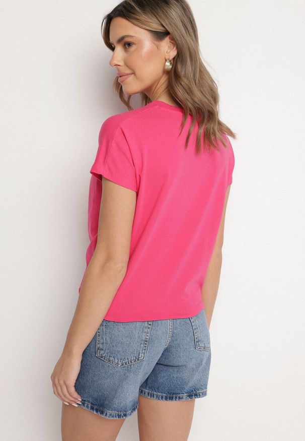 Born2be - Różowy T-shirt z Bawełny z Ozdobnym Wiązaniem Sunitra. Okazja: na co dzień. Kolor: różowy. Materiał: bawełna. Sezon: wiosna, lato. Styl: klasyczny, casual