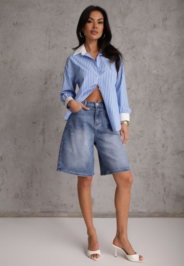 Renee - Niebieskie Szorty Jeansowe z Bawełny Jorts High Waist Sirenora. Okazja: na co dzień, na imprezę. Stan: podwyższony. Kolekcja: plus size. Kolor: niebieski. Materiał: bawełna, jeans. Sezon: lato. Styl: casual