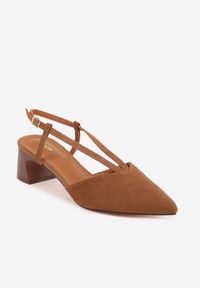 Renee - Jasnobrązowe Czółenka Slingback VICES z Imitacji Zamszu na Klockowym Obcasie Adophaia. Zapięcie: pasek. Kolor: brązowy. Materiał: zamsz. Obcas: na obcasie. Styl: boho, elegancki. Wysokość obcasa: średni #4