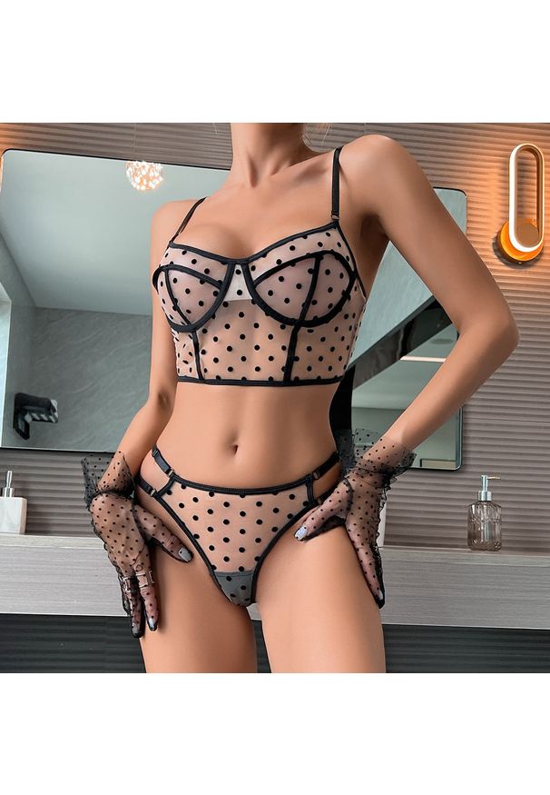 Intica - Komplet bielizny z usztywnianym biustonoszem i figami w kropki Ailish. Kolor: beżowy. Materiał: materiał. Wzór: kropki