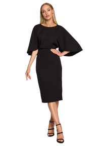 Sukienki.shop - Sukienka elegancka ołówkowa z szerokimi rękawami czarna z pelerynką. Okazja: na ślub cywilny, na wesele, na komunię. Kolor: czarny. Typ sukienki: ołówkowe. Styl: elegancki
