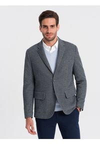 Ombre Clothing - Marynarka męska z łatami na łokciach - granatowa V2 - Rozmiar: XXL. Kolor: niebieski. Materiał: poliester, bawełna. Wzór: nadruk