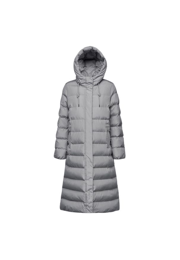 Długa kurtka puchowa damska z kapturem Geox Anylla. Typ kołnierza: kaptur. Kolor: szary. Materiał: puch. Długość: długie