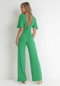 Born2be - Zielony Długi Kombinezon z Kopertowym Dekoltem i Ozdobnym Wiązaniem Abrarani. Okazja: na spotkanie biznesowe. Kolor: zielony. Długość: długie. Styl: elegancki, biznesowy #3