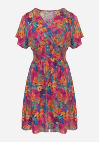 Born2be - Różowo-Granatowa Sukienka Mini z Szeroką Gumką w Talii i Kopertowym Dekoltem Nevun. Typ kołnierza: dekolt kopertowy. Kolor: różowy. Materiał: wiskoza. Wzór: kwiaty, aplikacja, kolorowy. Sezon: lato. Typ sukienki: kopertowe. Długość: mini #4