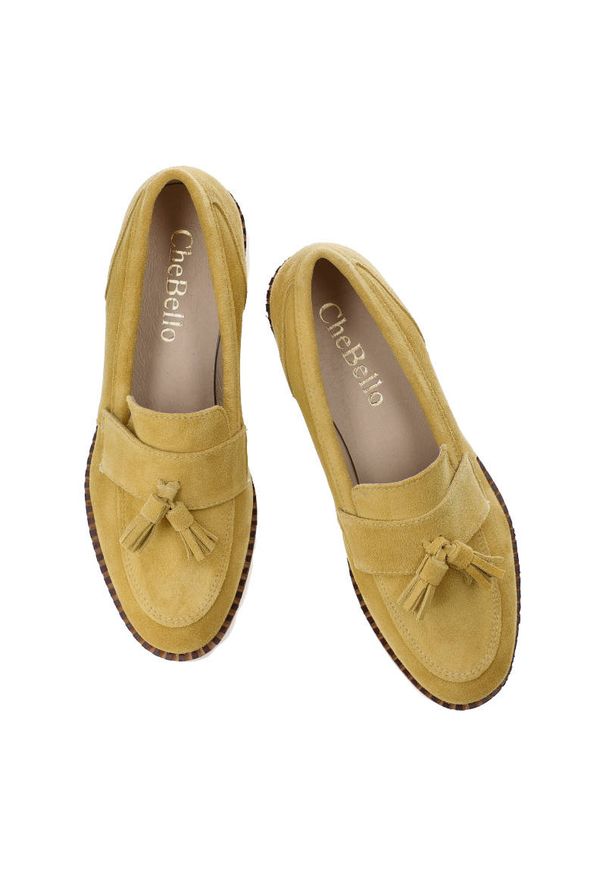 CheBello - Żółte Półbuty Chebello Wygodne Skórzane Buty. Okazja: na co dzień. Zapięcie: bez zapięcia. Kolor: żółty. Szerokość cholewki: normalna. Materiał: skóra. Sezon: wiosna, lato. Obcas: na obcasie. Styl: casual, boho. Wysokość obcasa: niski