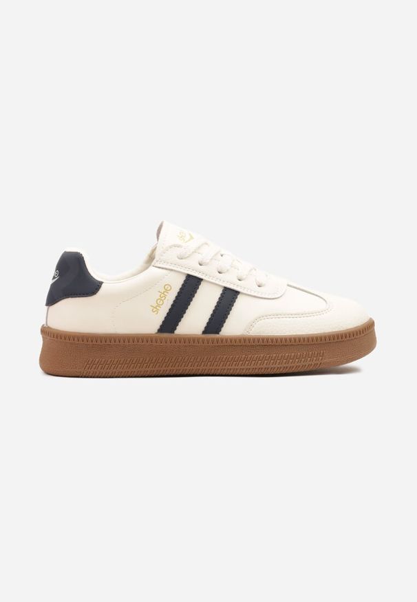Born2be - Beżowo-Granatowe Sneakersy w Stylu Tenisówek z Paskami na Boku Saliena. Okazja: na co dzień. Zapięcie: pasek. Kolor: beżowy. Materiał: skóra, jeans