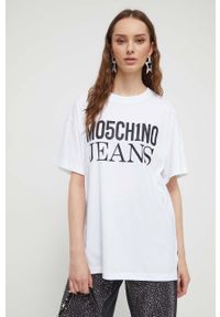Moschino Jeans t-shirt bawełniany kolor biały. Kolor: biały. Materiał: bawełna. Długość rękawa: krótki rękaw. Długość: krótkie. Styl: klasyczny #4