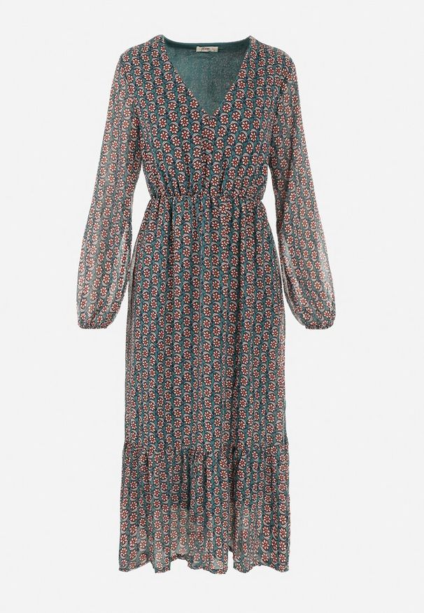 Born2be - Ciemnozielona Sukienka z Trójkątnym Dekoltem i Gumką w Pasie Hutyz. Kolor: zielony. Wzór: kwiaty. Typ sukienki: rozkloszowane. Długość: midi