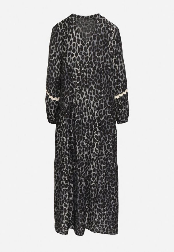 Born2be - Szara Sukienka w Panterkę w Stylu Retro z Ozdobnymi Lamówkami Zetizia. Okazja: na co dzień. Kolor: szary. Materiał: wiskoza. Wzór: motyw zwierzęcy. Styl: retro