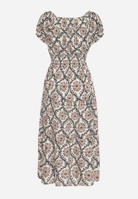 Born2be - Beżowo-Niebieska Sukienka z Bawełną i Bufiastymi Rękawami Revilee. Okazja: na spacer, na co dzień. Kolor: beżowy. Materiał: bawełna. Wzór: aplikacja. Styl: casual, elegancki #3