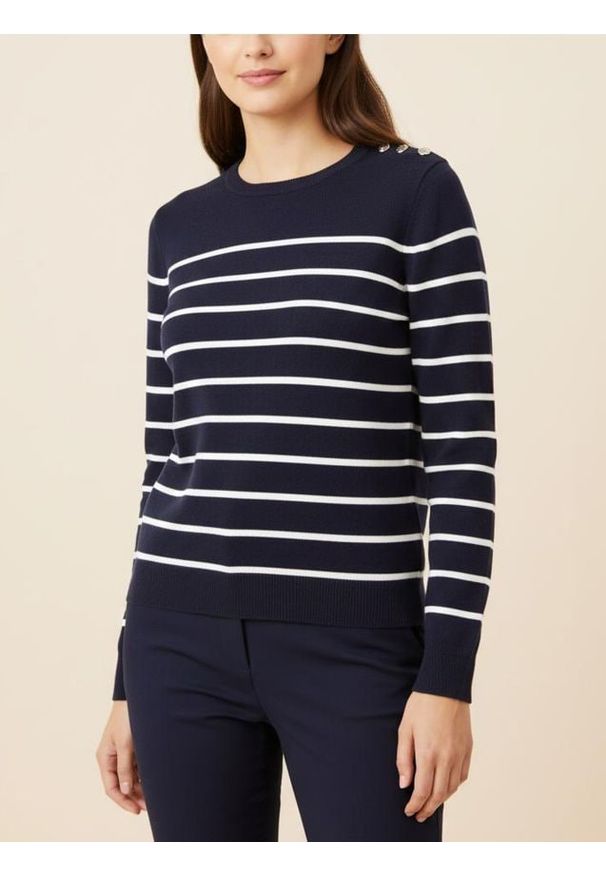 Sinsay - Sweter w paski z ozdobnymi guzikami na ramieniach - granatowy. Kolor: niebieski. Wzór: paski