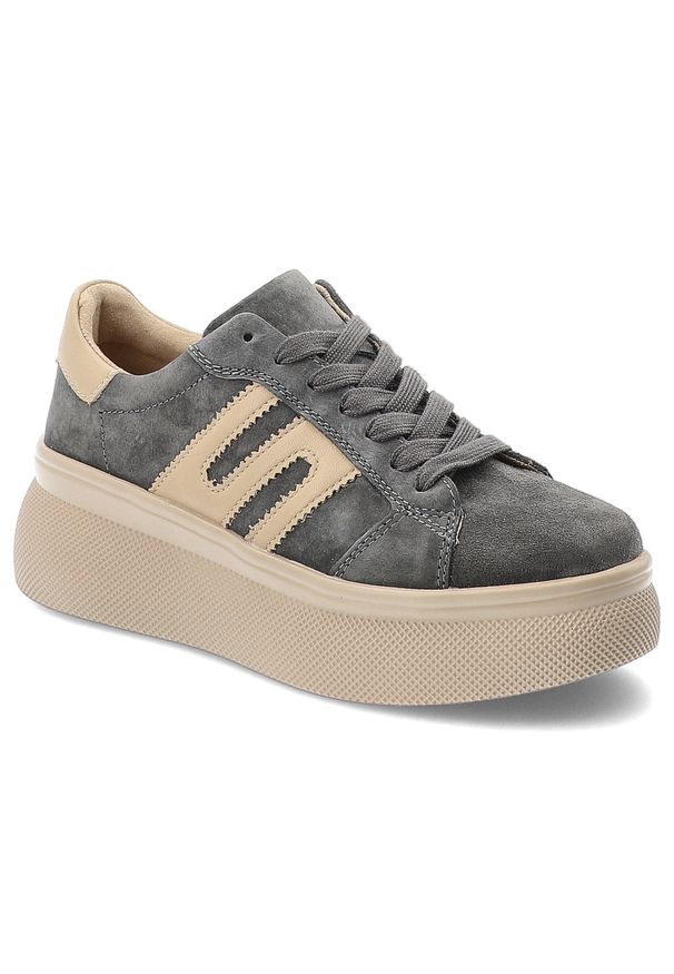 Sneakersy damskie Filippo, wykonane ze skóry naturalnej i skóry zamszowej sznurowane na wysokiej platformie, szare, DP7175/26 GR. Okazja: na co dzień. Kolor: szary. Materiał: skóra, zamsz. Szerokość cholewki: normalna. Obcas: na platformie. Styl: casual, klasyczny, elegancki