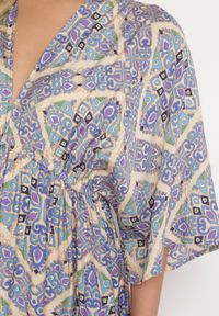 Born2be - Niebieski Kombinezon Boho z Gumką w Talii Wiązany na Plecach z Szerokimi Nogawkami Rodolia. Okazja: na co dzień. Kolor: niebieski. Długość rękawa: krótki rękaw. Długość: krótkie. Styl: boho #3