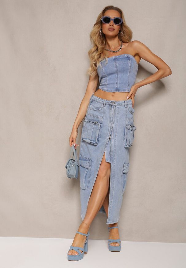 Renee - Niebieski Top Gorsetowy Jeansowy Efisee. Typ kołnierza: dekolt gorset. Kolor: niebieski. Materiał: jeans. Sezon: lato