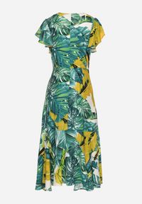 Born2be - Zielona Rozkloszowana Sukienka z Wiązaniem w Roślinny Wzór Janitaie. Okazja: na co dzień. Typ kołnierza: dekolt w serek. Kolor: zielony. Materiał: jeans. Długość rękawa: krótki rękaw. Styl: klasyczny, casual, elegancki #7