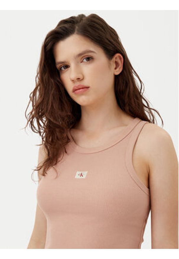 Calvin Klein Jeans Top J20J224762 Beżowy Slim Fit. Kolor: beżowy. Materiał: bawełna