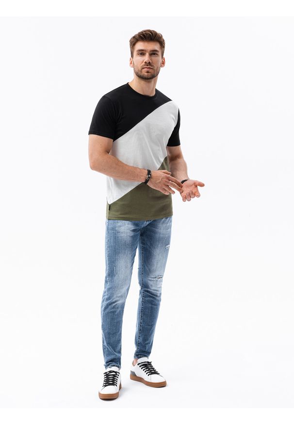 Ombre Clothing - T-shirt męski bawełniany trzykolorowy - czarno/oliwkowy V4 S1627 - XL. Kolor: czarny. Materiał: bawełna