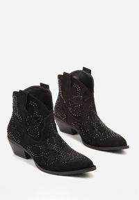 Born2be - Czarne Niskie Botki Kowbojki Zdobione Cyrkoniami Lannore. Okazja: na co dzień. Kolor: czarny. Materiał: jeans. Wzór: aplikacja. Sezon: zima, jesień. Styl: klasyczny, casual