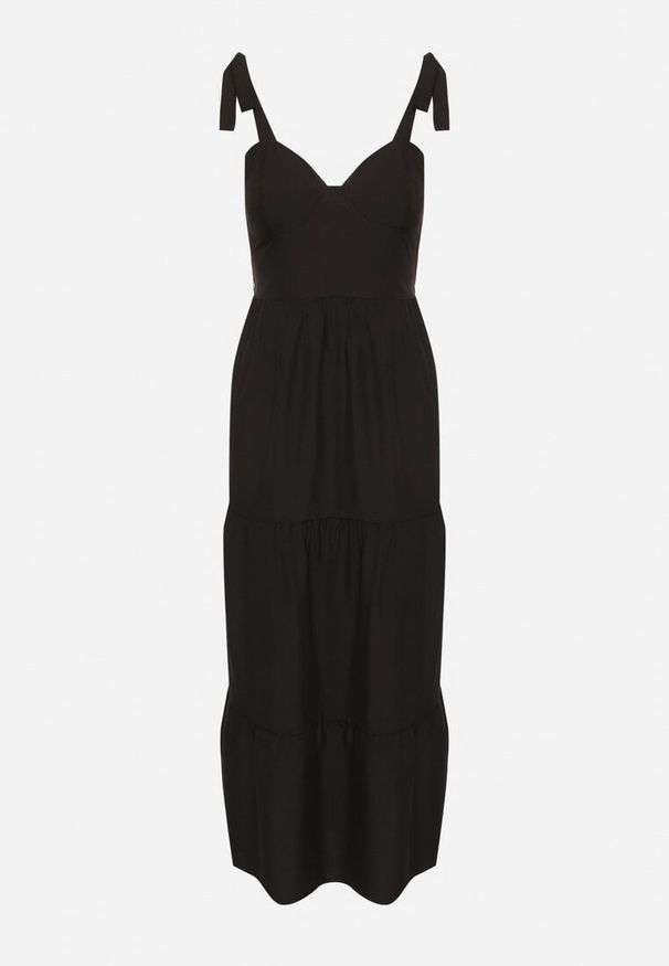 Born2be - Czarna Rozkloszowana Sukienka z Wiskozą Ozdobiona Wiązaniem na Ramiączkach Meravessa. Okazja: na spacer. Kolor: czarny. Materiał: wiskoza. Długość rękawa: na ramiączkach. Wzór: aplikacja