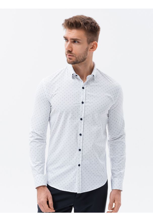 Ombre Clothing - Bawełniana koszula męska z kontrastowymi guzikami REGULAR FIT - biała V1 K639 - XL. Kolor: biały. Materiał: bawełna. Wzór: nadruk