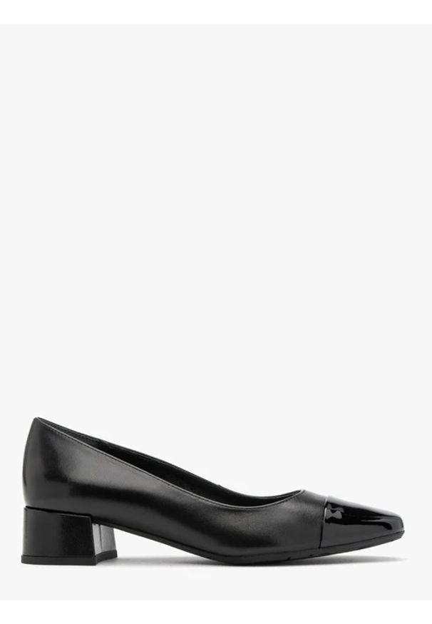 Ryłko - Czarne czółenka damskie na niskim klocku. Nosek buta: okrągły. Kolor: czarny. Materiał: skóra. Obcas: na obcasie. Styl: street. Wysokość obcasa: średni