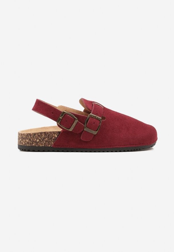 Born2be - Bordowe Sandały Chodaki z Klamerką i Paskiem na Pięcie Norilsa. Okazja: na co dzień. Kolor: czerwony. Materiał: jeans. Obcas: na obcasie. Styl: casual. Wysokość obcasa: niski