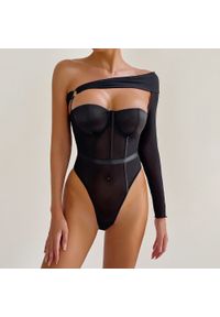Intica - Body asymetryczne z jednym rękawem na przyjęcia i na co dzień Carmela. Kolor: czarny. Materiał: materiał #9