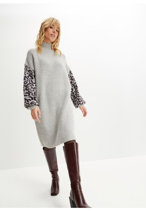 bonprix - Sukienka dzianinowa oversized w cętki leoparda. Kolor: szary. Materiał: dzianina