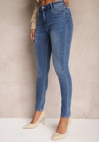 Renee - Niebieskie Jeansy Skinny High Waist z Bawełny Ozdobione Podwiniętymi Nogawkami Naviseni. Okazja: na co dzień. Stan: podwyższony. Kolor: niebieski. Długość: długie. Wzór: aplikacja. Styl: elegancki, casual #4