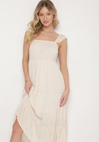 Born2be - Beżowa Wiskozowa Sukienka na Ramiączkach Zdobiona Metaliczną Nicią Iffrisse. Okazja: na co dzień. Kolor: beżowy. Materiał: wiskoza. Długość rękawa: na ramiączkach. Wzór: aplikacja. Styl: casual #7